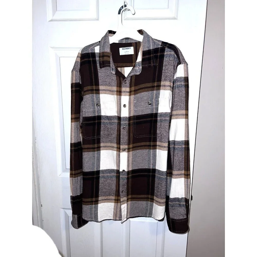 OLD NAVY Double-Brushed Women’s Flannel Plaid Button Long Sleeve Shirt Sz L
